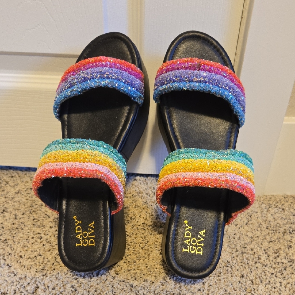 Lady Go Diva Rainbow Glitter Slide Sandals